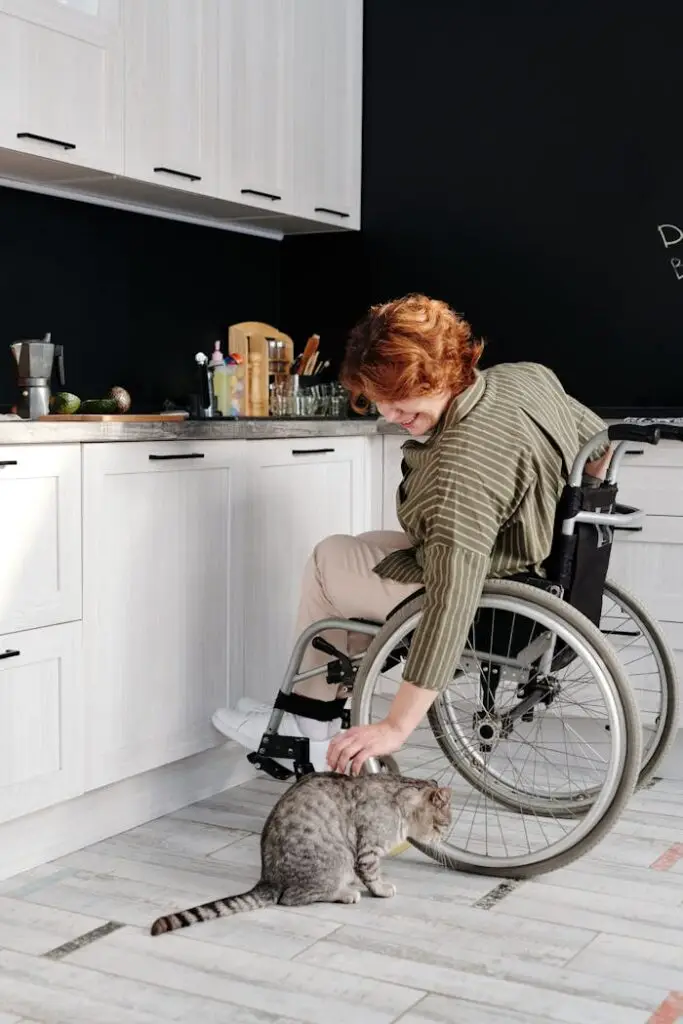 Woman Sitting on Wheelchair While Touching Her Cat